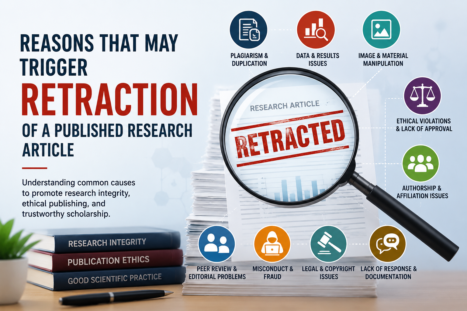 Infographic illustrating the major reasons that may trigger the retraction of a published research article, including plagiarism, data manipulation, ethical violations, peer review issues, authorship disputes, and research misconduct.